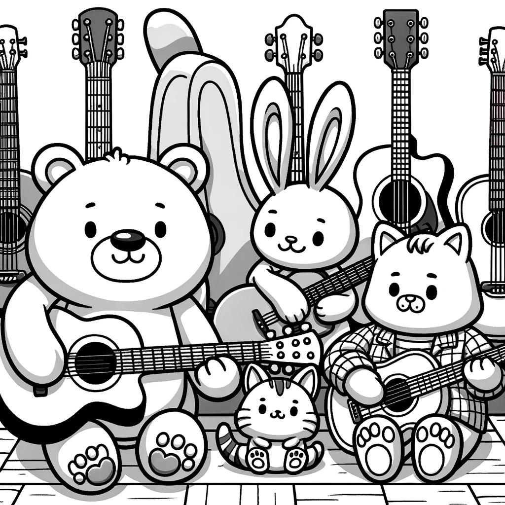 Ausmalbild - Tiere spielen Gitarre - Tiere, Gitarre, Musik, Bär