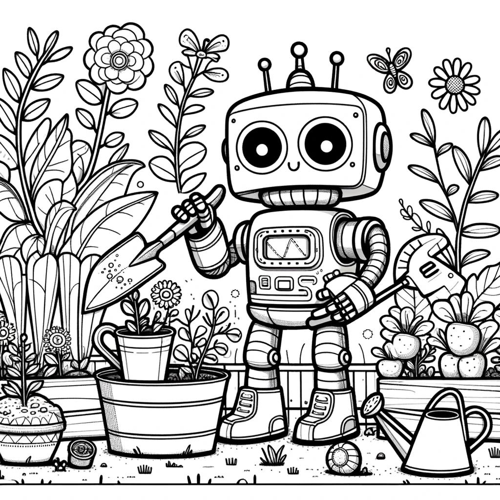 Ausmalbild - Der Garten-Roboter - Garten, Roboter, Pflanzen, Blumen