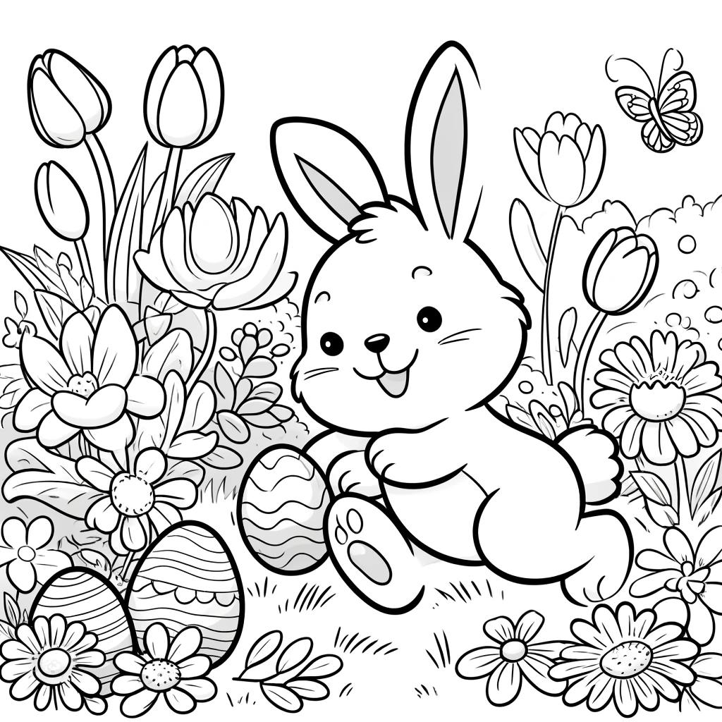 Ausmalbild - Der Osterhase im Blumengarten - Osterhase, Garten, Frühlingsblumen, Ostereier