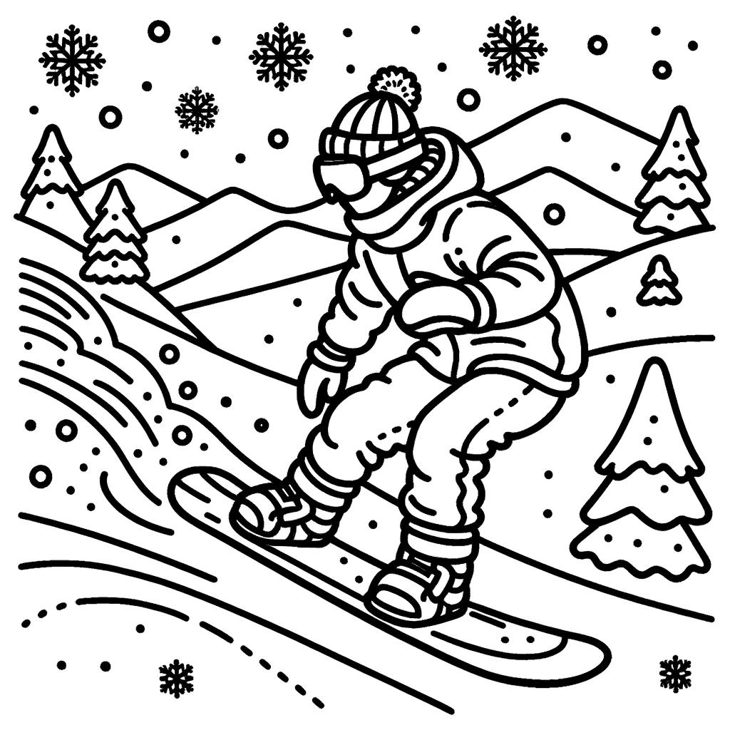 Ausmalbild - Der Snowboarder - Snowboarder, Schnee, Hügel, Schneeflocken