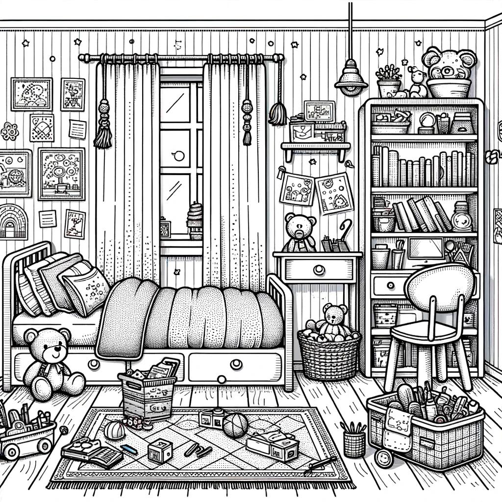 Ausmalbild - Kinderzimmer - Kinderzimmer, Bett, Buchregal, Schreibtisch