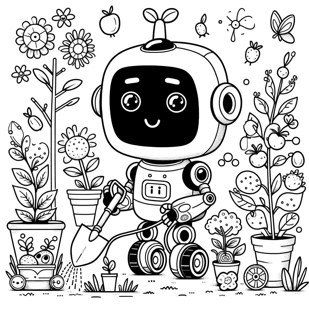 Ausmalbild - Der Garten-Roboter - Garten, Roboter, Pflanzen, Blumen