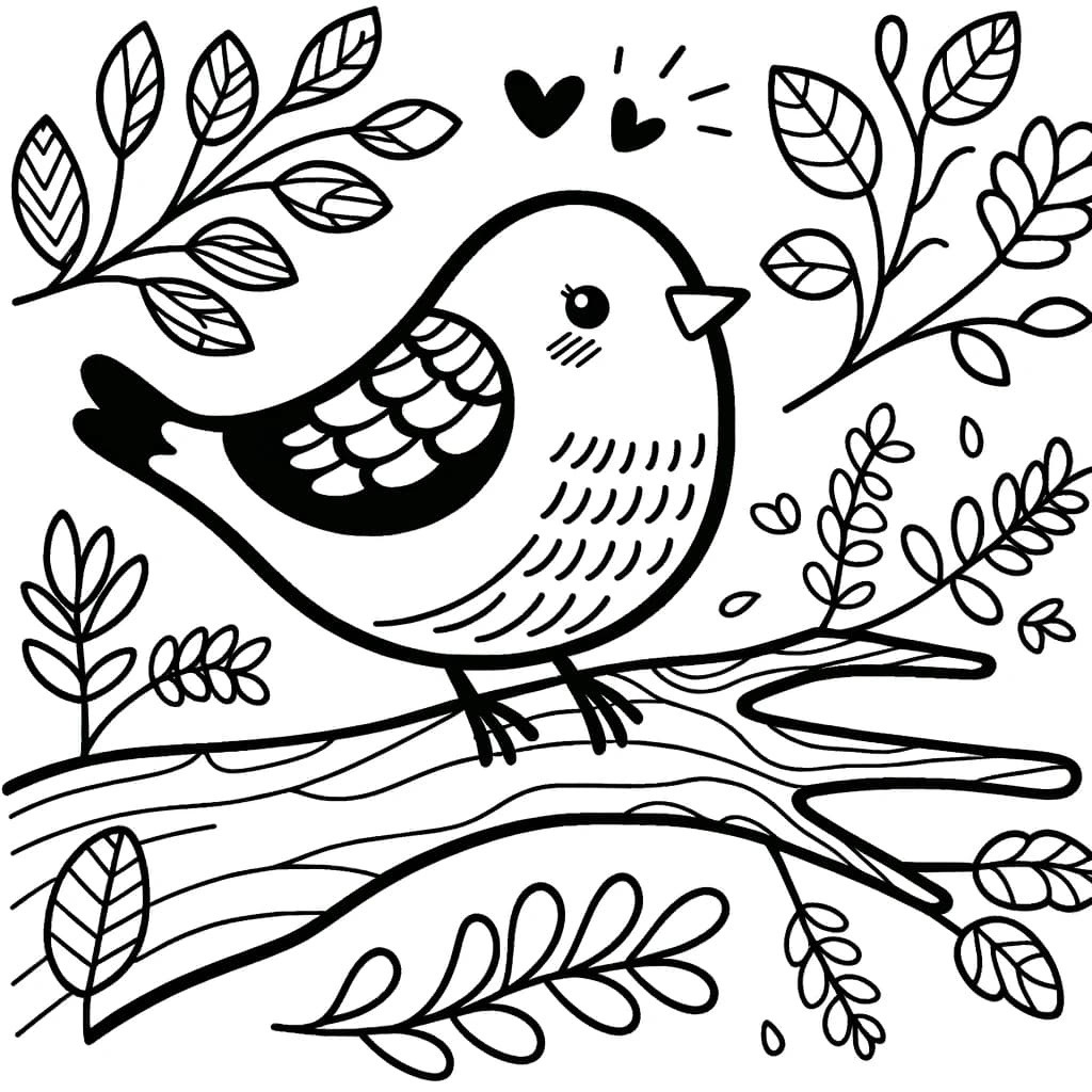 Ausmalbild - Freundlicher Vogel auf einem Ast - Vogel, Ast, Blätter