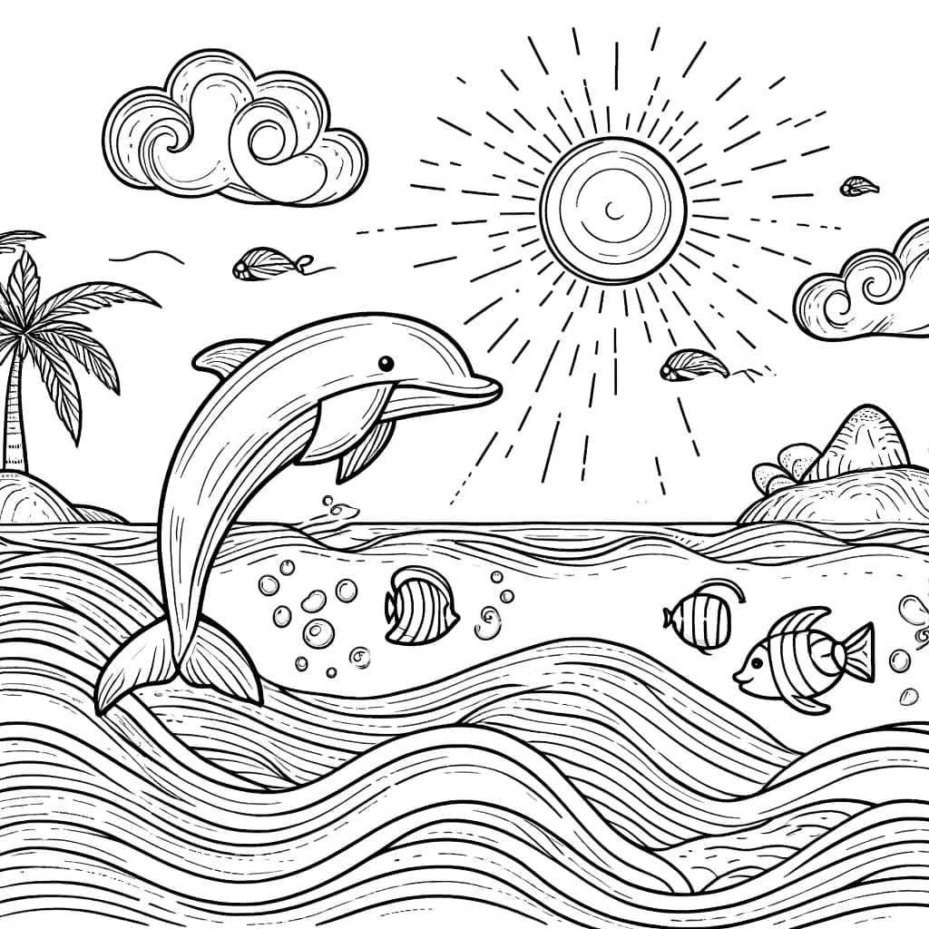 Ausmalbild - Meereslandschaft Delfin - Delfin, tropische Fische, Sonne, Wolken