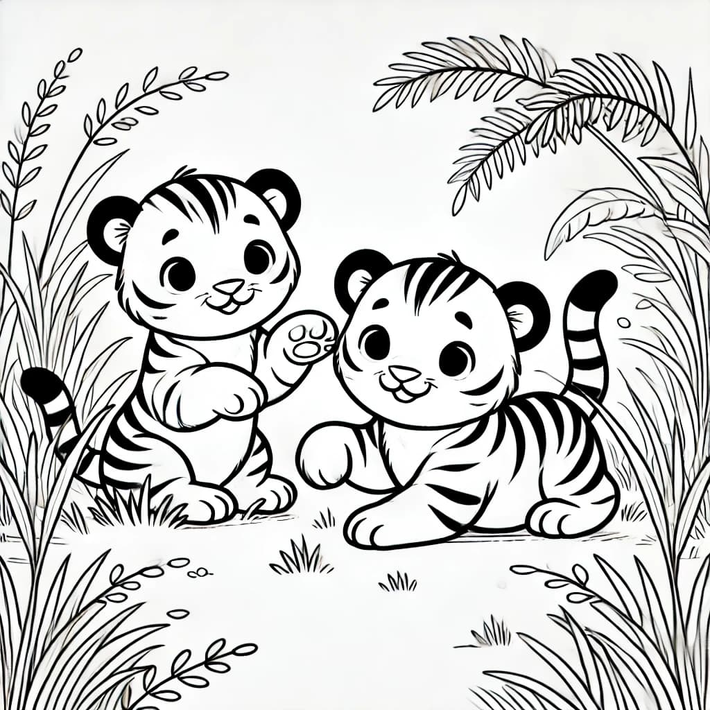 Ausmalbild - Verspielte Tigerjunge im Dschungel - Tiger, Dschungel, Gras, Jungtiere