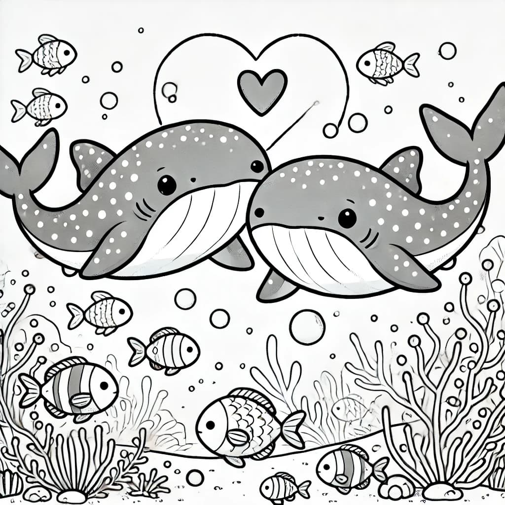 Ausmalbild - Verliebte Walhaie im Ozean - Walhai, Ozean, Liebe, Fische