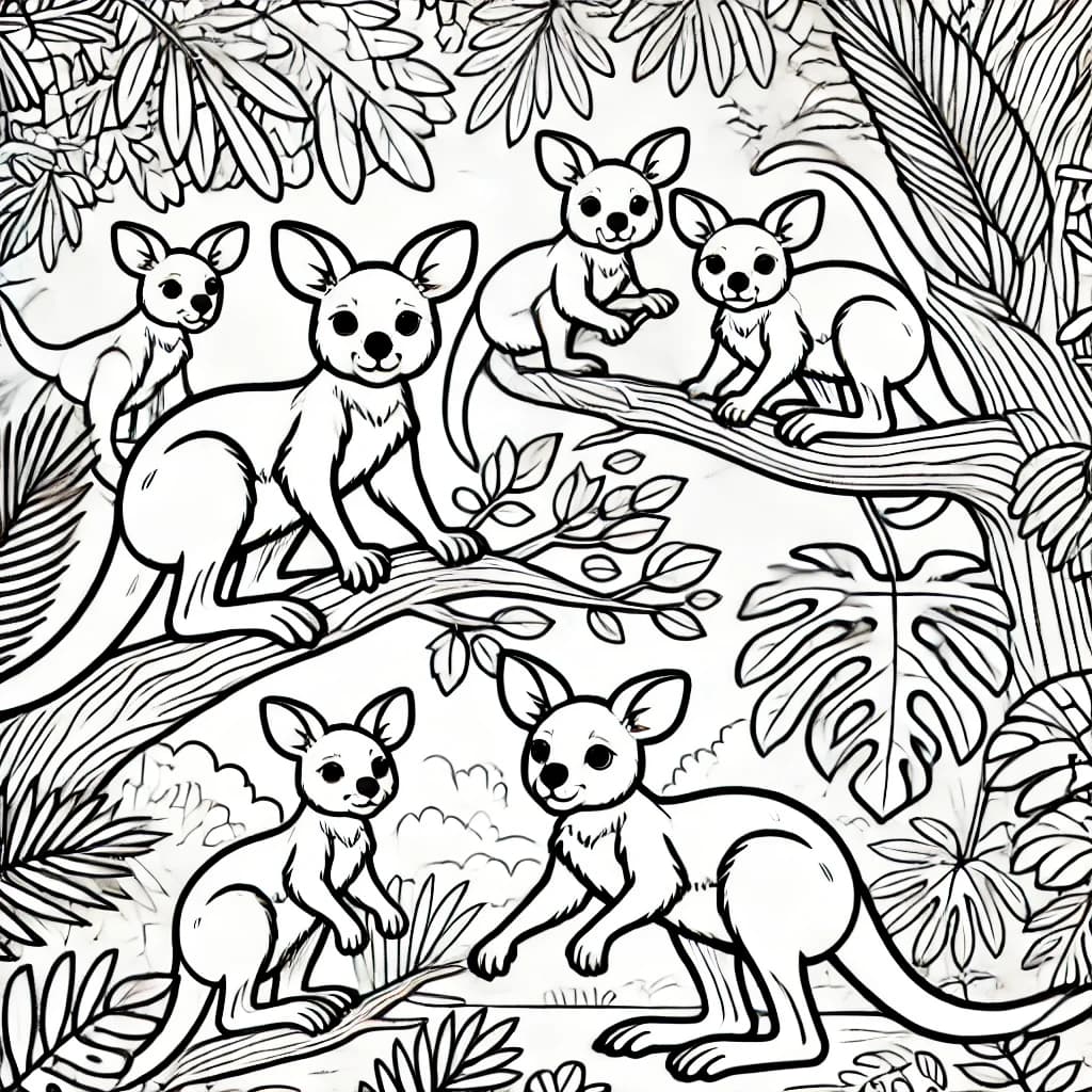 Ausmalbild - Verspielte Baumkängurus im Dschungel - Baumkänguru, Dschungel, Tiere, Äste