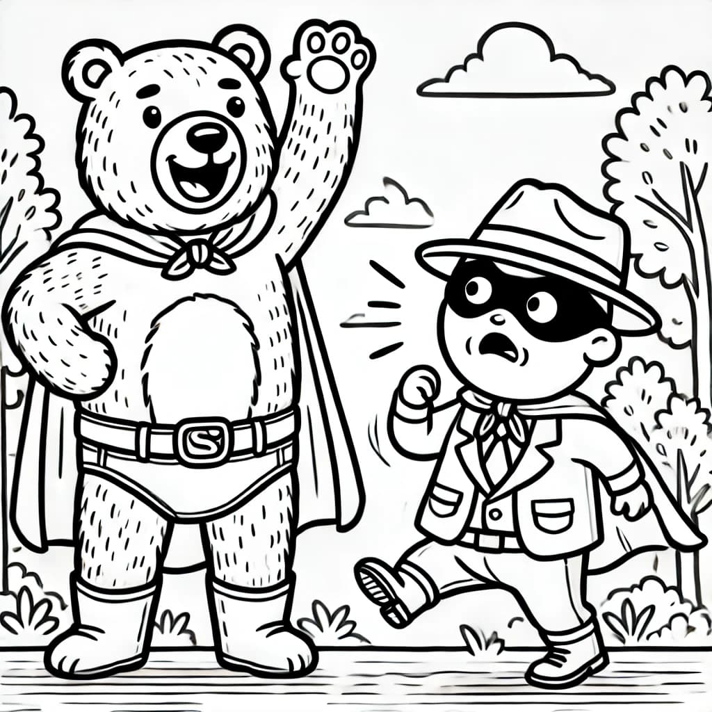 Ausmalbild - Superbär vertreibt den Schurken! - Superbär, Superheld, Bösewicht, brüllen