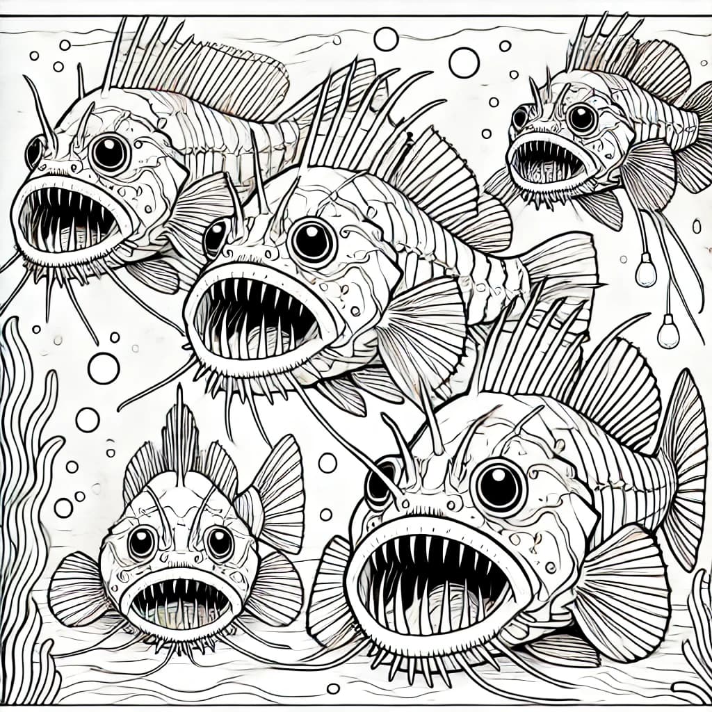 Ausmalbild - Seeteufel im tiefen Meer - Seeteufel, Anglerfisch, Tiefsee, Fische