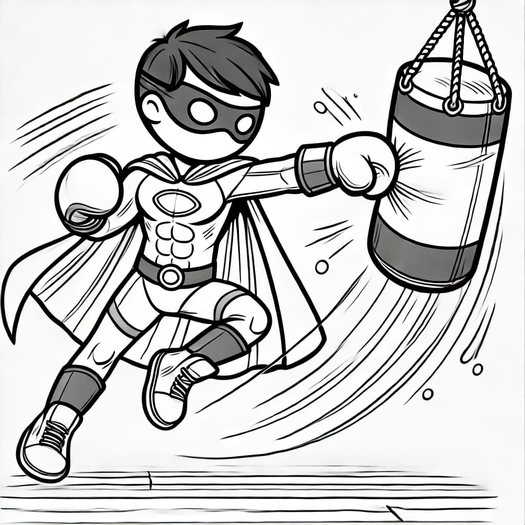 Ausmalbild - Superheld beim Boxtraining - Superheld, Boxsack, Sport, Bewegung