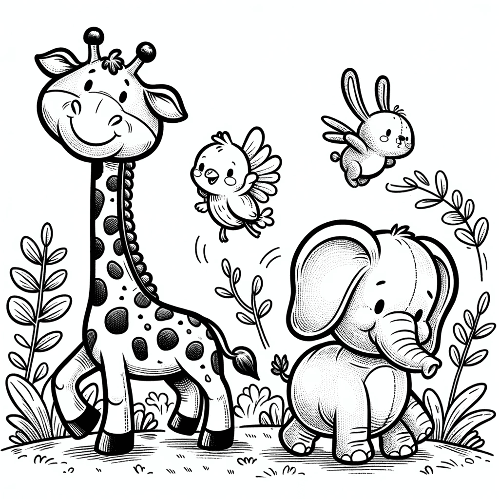Ausmalbild - Tierische Freunde - Giraffe, Elefant, Kaninchen, Wiese