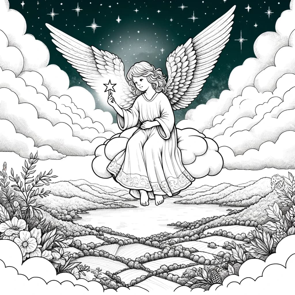Ausmalbild - Der Engel auf der Wolke - Engel, Wolke, Stern, Landschaft