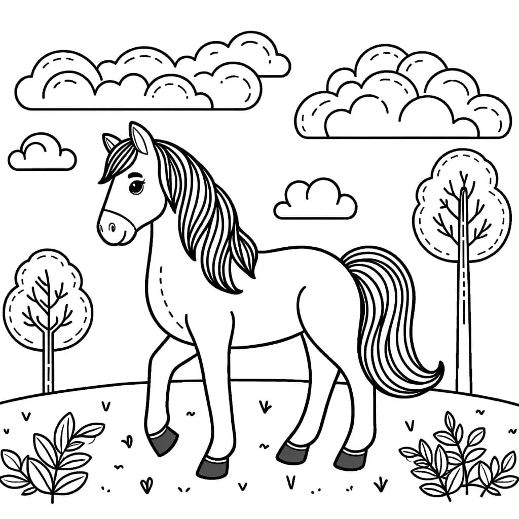 Ausmalbild - Fröhliches Pferd auf der Wiese - Pferd, Wiese, kinderfreundlich