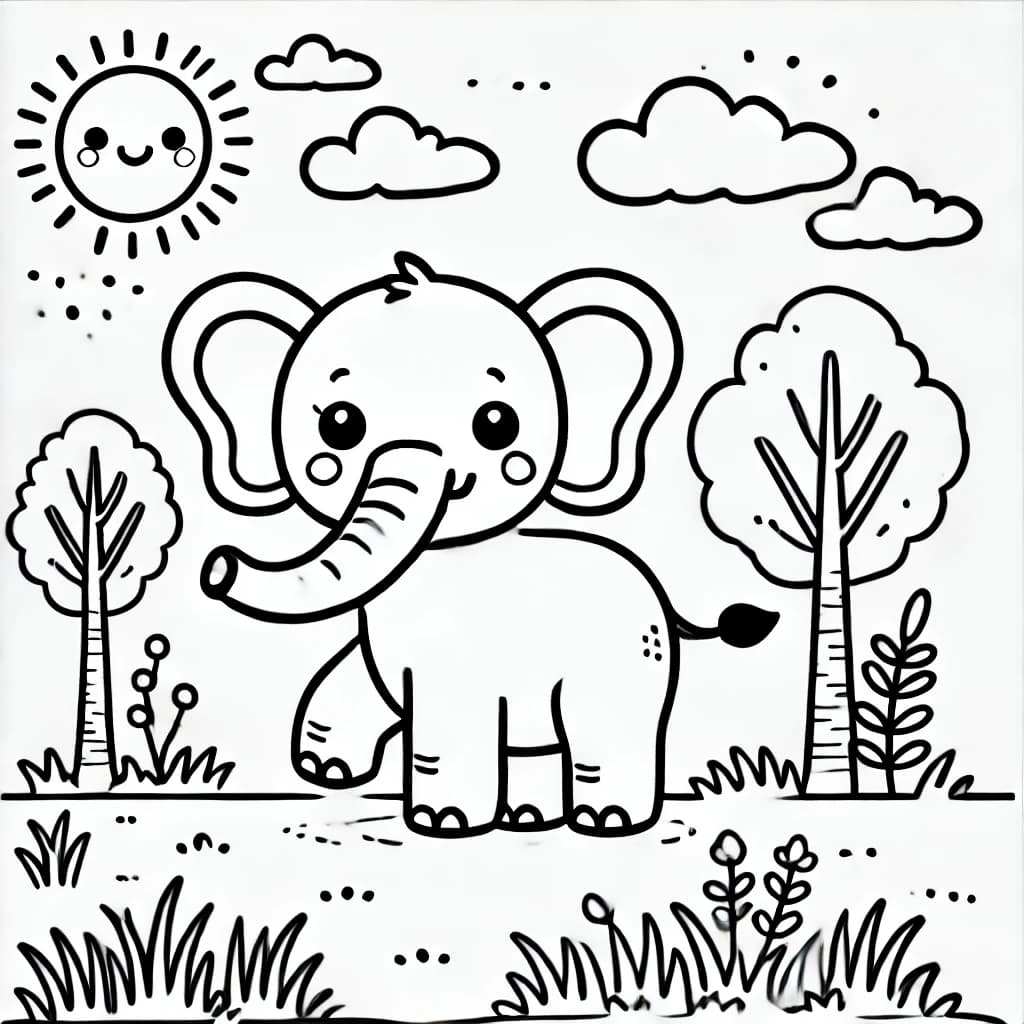 Ausmalbild - Freundlicher Elefant im Grasland - Elefant, Tier, Gras, Bäume