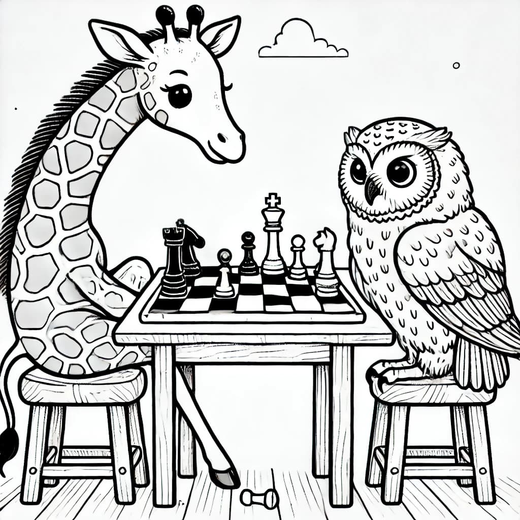 Ausmalbild - Giraffe und Eule spielen Schach - Giraffe, Eule, Schach, Tiere