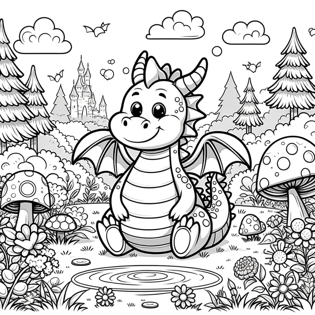 Ausmalbild - Der freundliche Drache im Zauberwald - Drache, Zauberwald, Blumen, Pilze