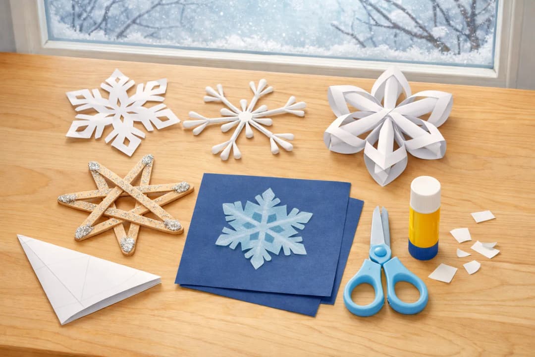 Fünf selbst gebastelte Schneeflocken liegen auf einem hellen Holztisch vor einem verschneiten Fenster: eine klassische weiße Faltschneeflocke aus Papier mit sechs Zacken, ein Stern aus zusammengeklebten Wattestäbchen, eine dreidimensionale Schneeflocke aus weißen Papierstreifen, ein Stern aus Holz-Eisstielen mit Silberglitzer und eine hellblaue Schneeflocke aus Transparentpapier auf dunkelblauem Tonkarton. Daneben liegen ein gefaltetes Papierdreieck, eine Kinderschere mit abgerundeter Spitze, ein Klebestift und Papierschnipsel.