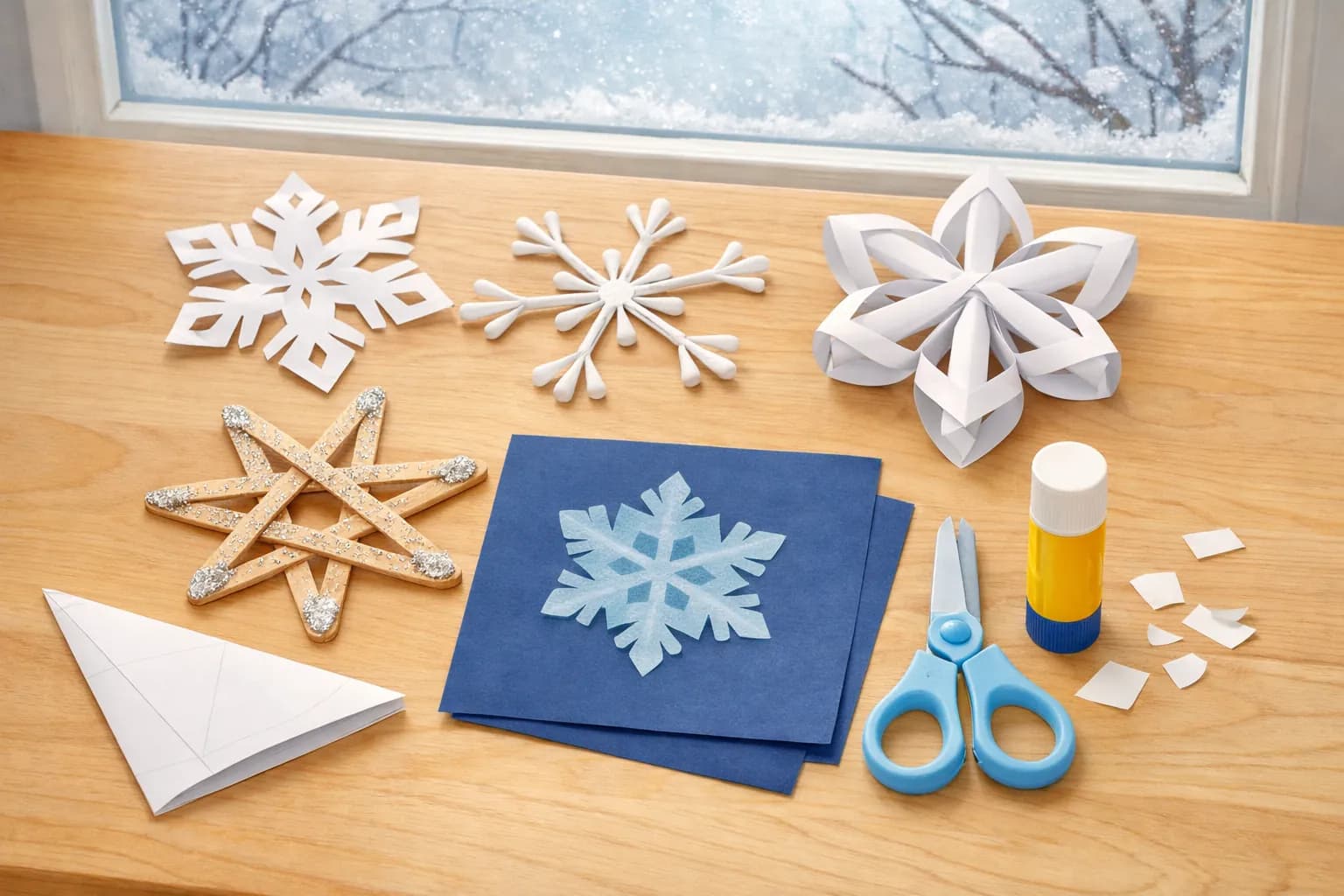 Schneeflocken basteln mit Kindern: 5 Ideen ab 3 Jahren - Fünf Schneeflocken für die Winterdeko ab 3 Jahren: klassische Faltflocke mit sechs Zacken, Wattestäbchen-Stern, 3D-Flocke, Eisstiel-Stern und Fensterflocke – mit Faltanleitung, Papierwahl und dem Schnitt, der jede Flocke zerstört.