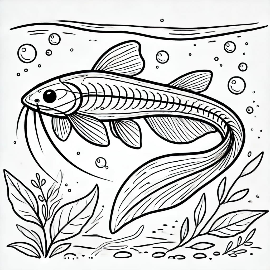 Ausmalbild - Glaswels im Fluss - Fisch, Wels, Unterwasser, Fluss