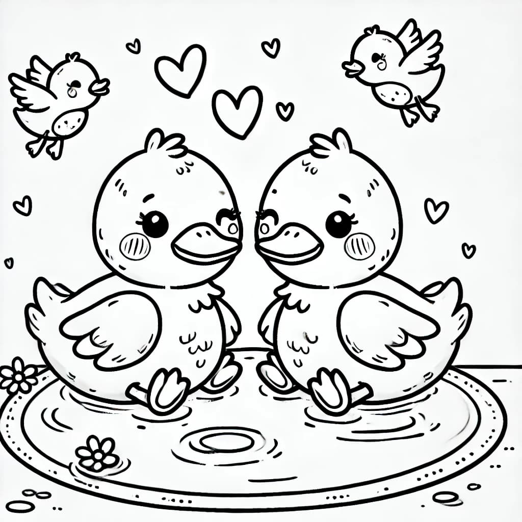Ausmalbild - Verliebte Enten am Teich - Ente, Liebe, Teich, Herz