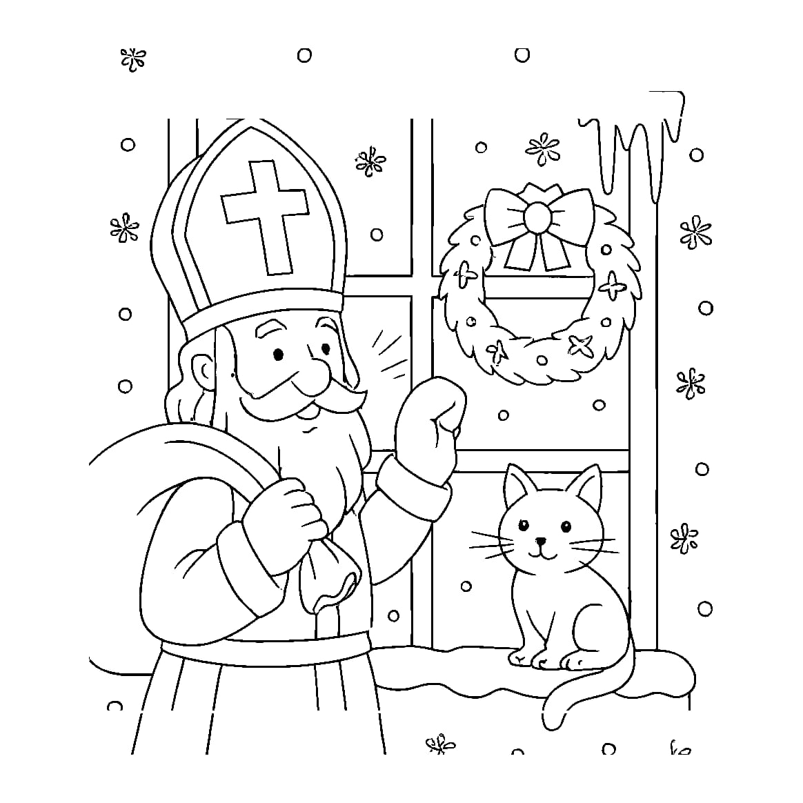 Ausmalbild - Nikolaus klopft ans Fenster - Nikolaus, Fenster, Winter