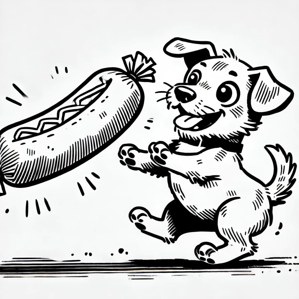 Ausmalbild - Der hungrige Hund und die Riesenwurst - Hund, Wurst, Essen, lustig