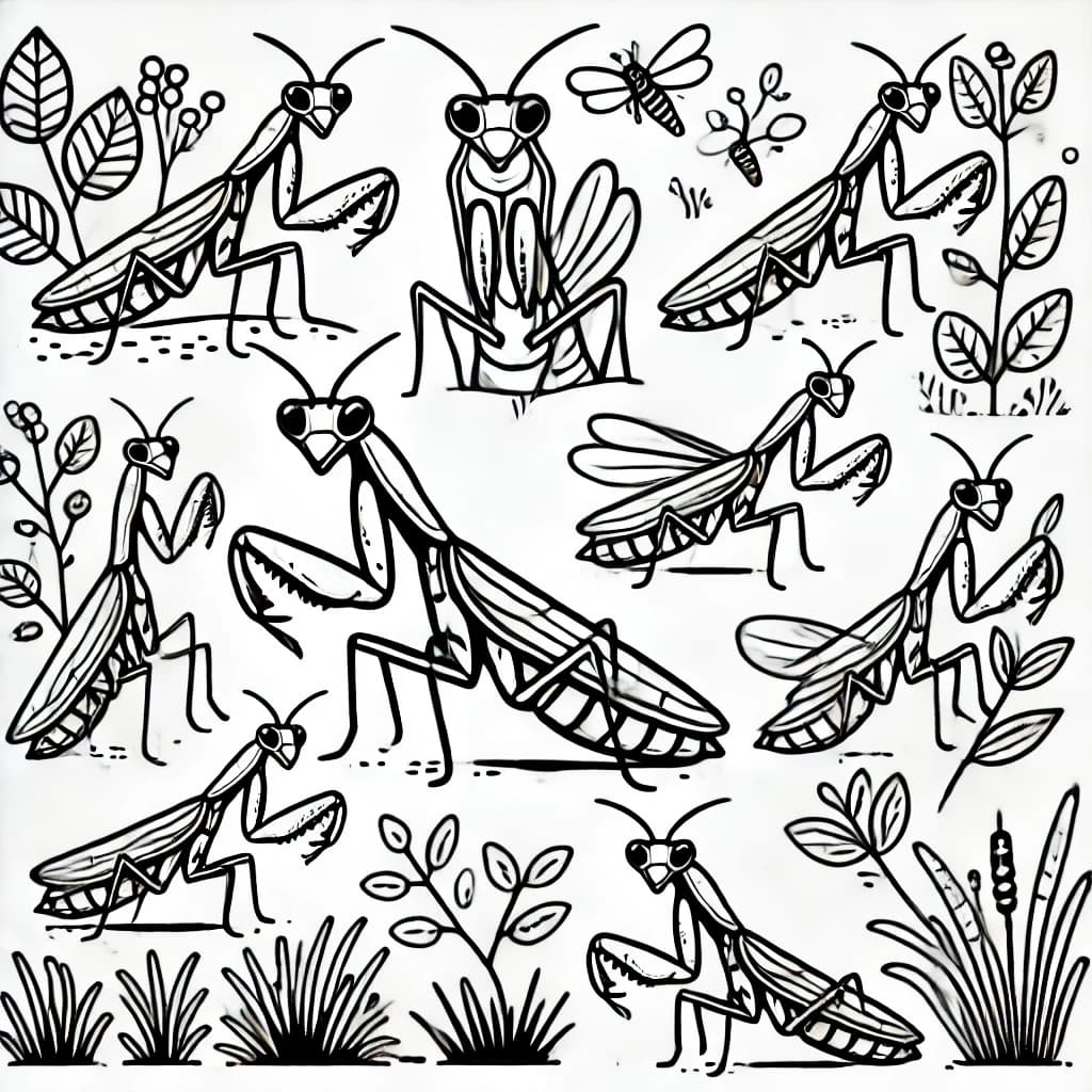 Ausmalbild - Gottesanbeterinnen im Grünen - Gottesanbeterin, Insekten, Natur, Blätter