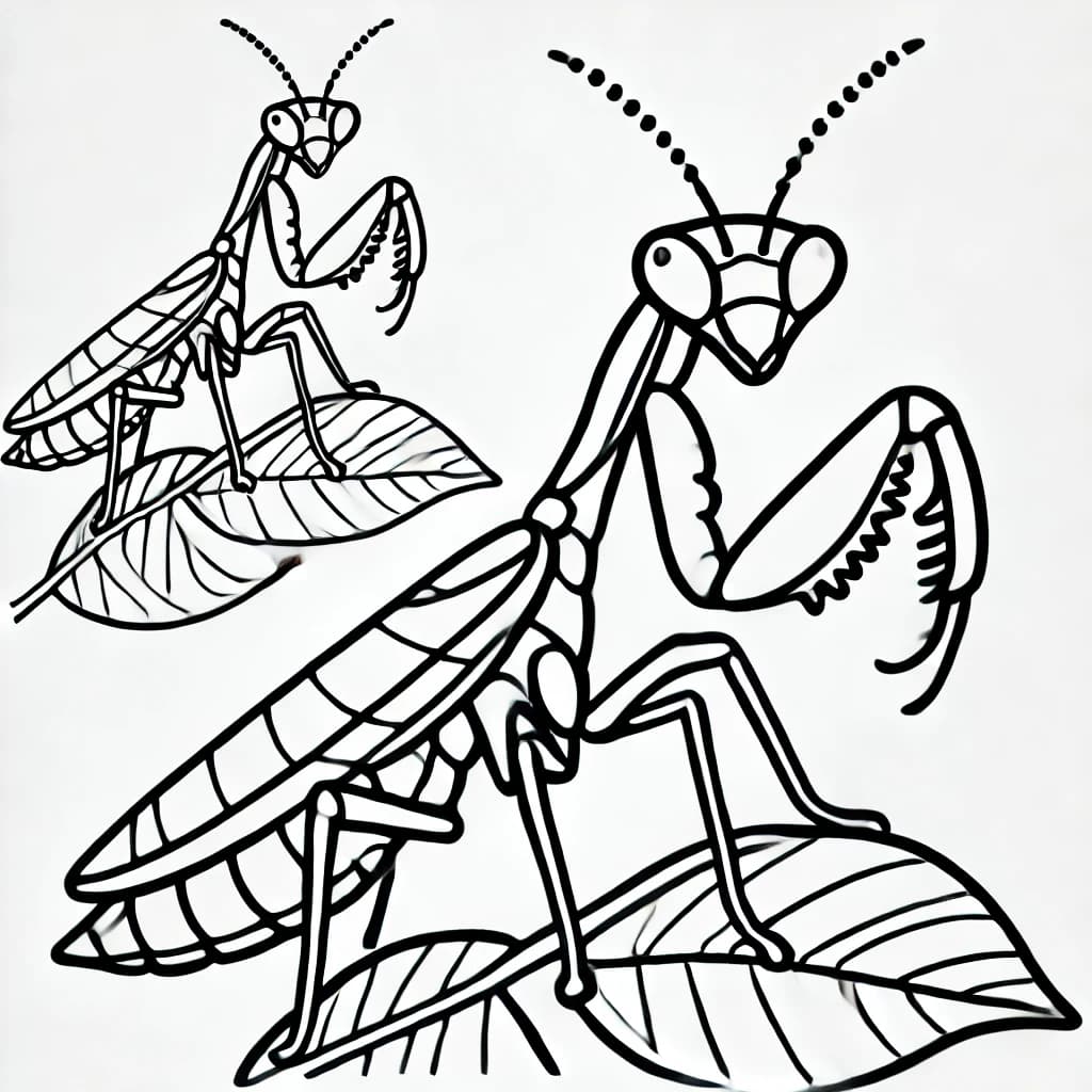 Ausmalbild - Zwei Gottesanbeterinnen auf Blättern - Gottesanbeterin, Insekten, Natur, Blätter