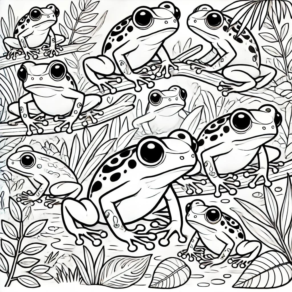 Ausmalbild - Blaue Pfeilgiftfrösche im Dschungel - Frosch, Pfeilgiftfrosch, Dschungel, Blätter