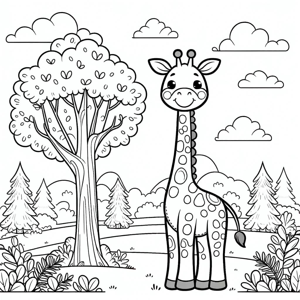 Ausmalbild - Die fröhliche Giraffe - Giraffe, Bäume, Wolken, Landschaft