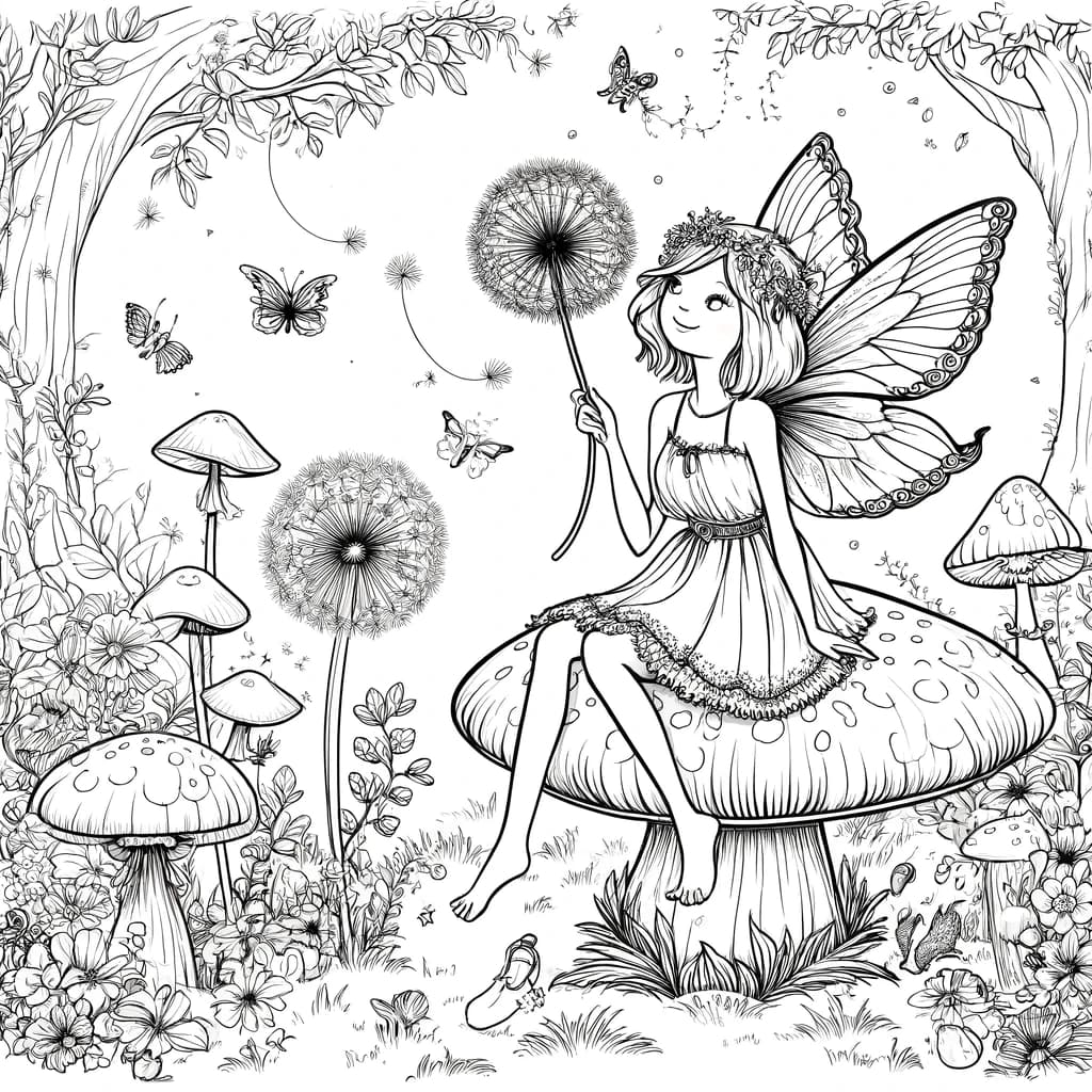 Ausmalbild - Die zauberhafte Fee im Wunderwald - Fee, Wunderwald, Pilze, Blumen