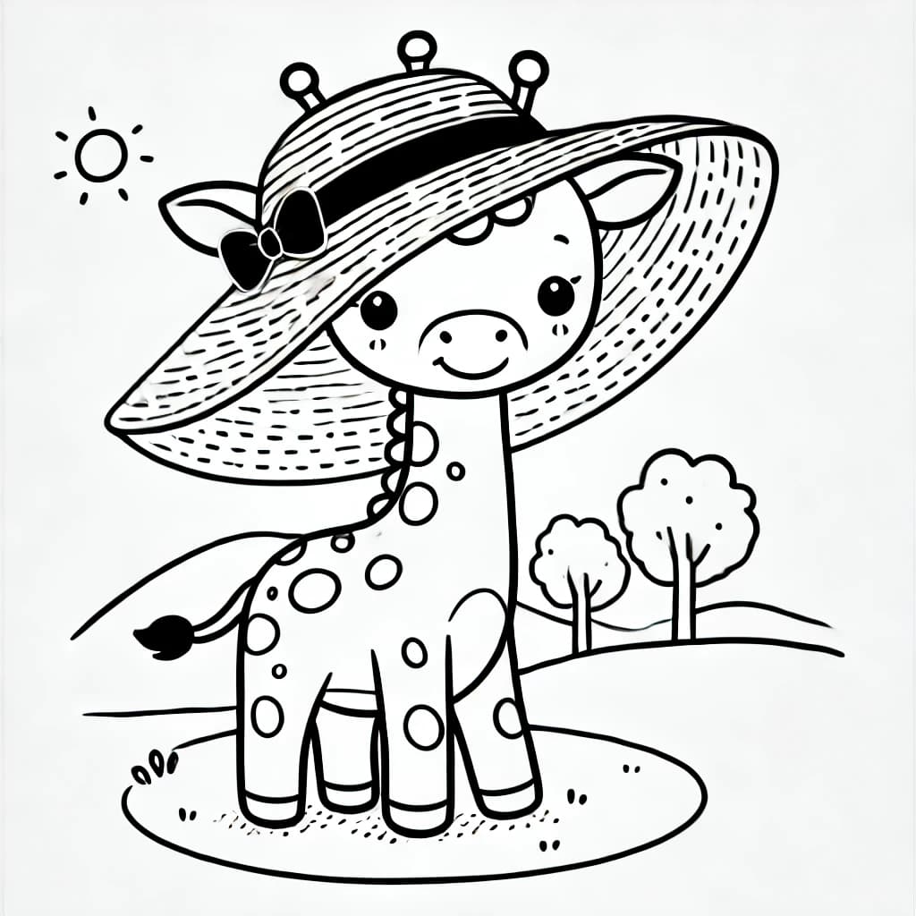 Ausmalbild - Giraffe mit Sonnenhut - Giraffe, Sonnenhut, Tiere, Safari