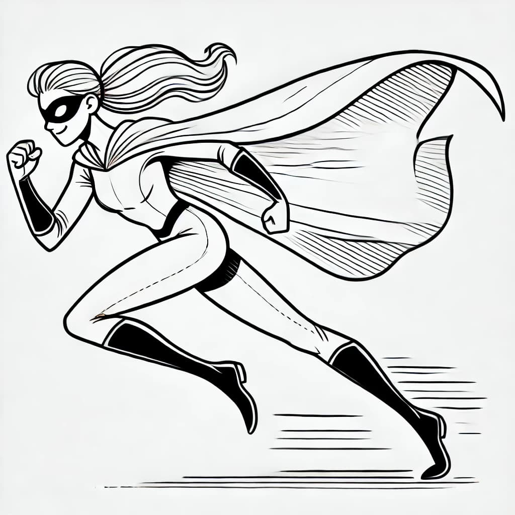Ausmalbild - Superheldin in Bewegung - Superheldin, Geschwindigkeit, Umhang, Laufen