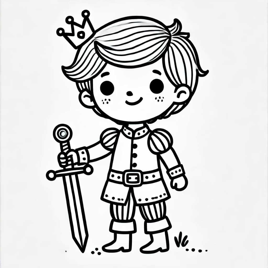 Ausmalbild - Der mutige Prinz - Prinz, Schwert, Krone, Ritter