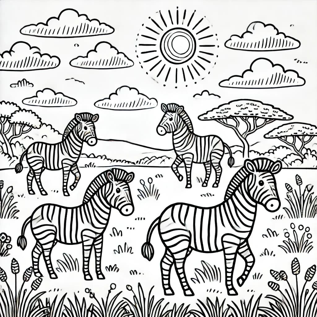 Ausmalbild - Zebras in der Savanne - Zebra, Savanne, Tiere, Natur