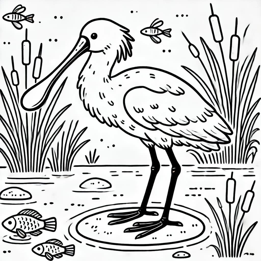 Ausmalbild - Löffler im Wasser - Löffler, Vogel, Wasser, Schilf