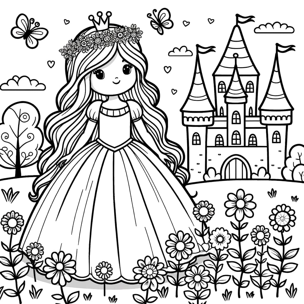 Ausmalbild - Prinzessin im Garten - Prinzessin, Garten, Blumen, Schloss