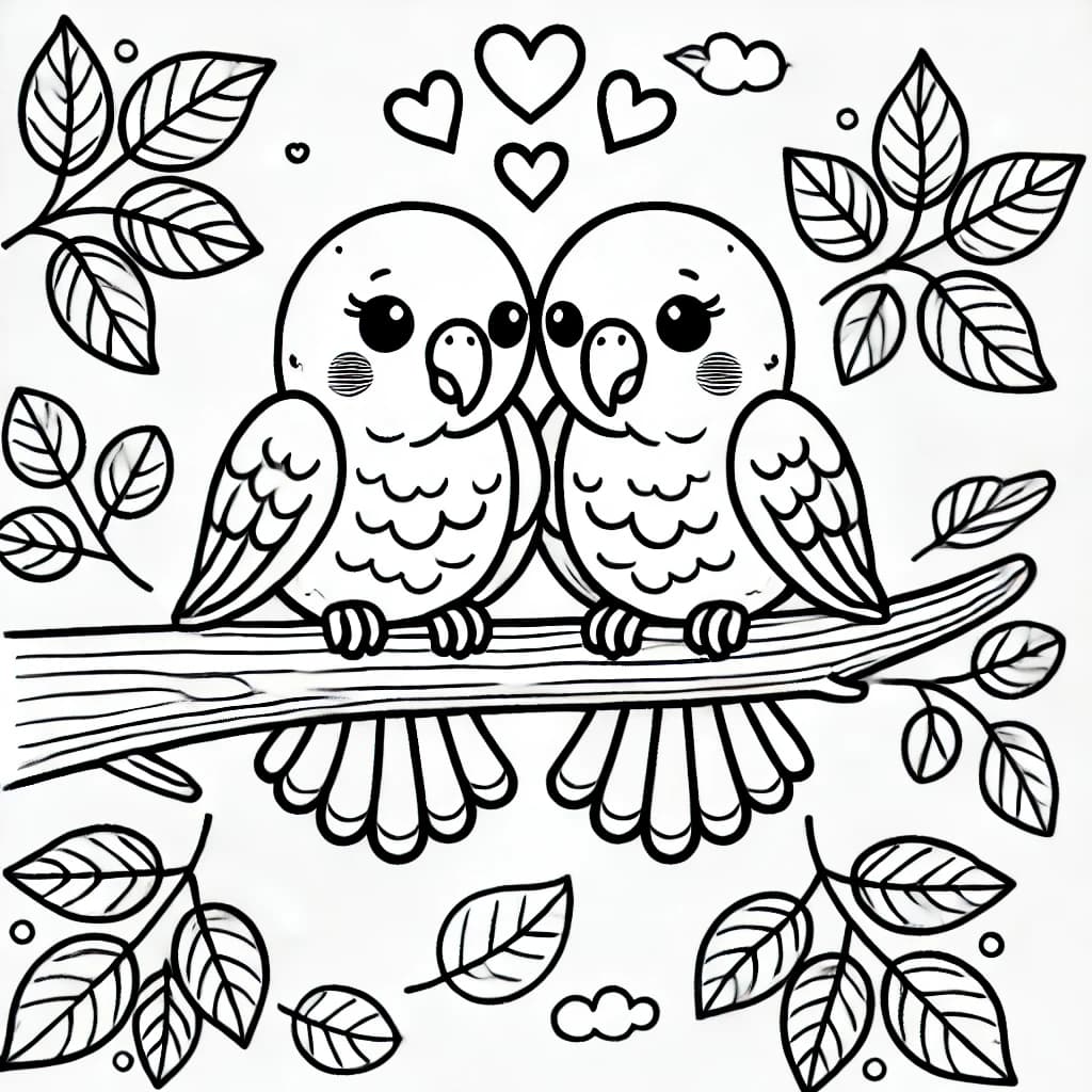 Ausmalbild - Verliebte Papageien - Papageien, Vögel, Liebe, Herz