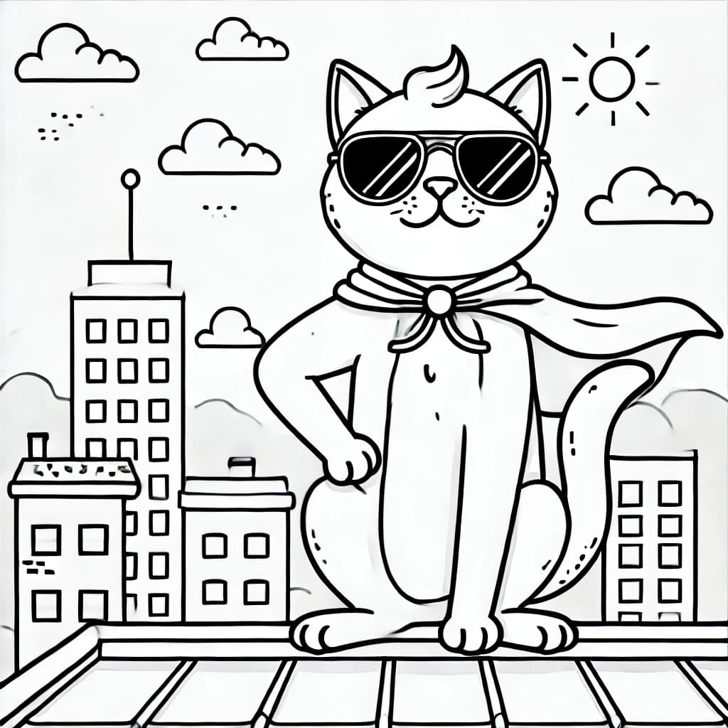 Ausmalbild - Superkatze auf dem Dach - Katze, Superheld, Sonnenbrille, Dach