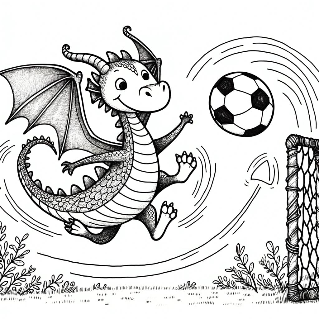 Ausmalbild - Drache beim Fußballspielen - Drache, Fußball, Spiel, Ball
