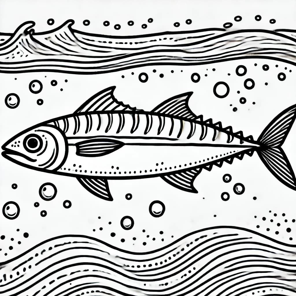 Ausmalbild - Makrele im Meer - Fisch, Makrele, Meer, Wellen
