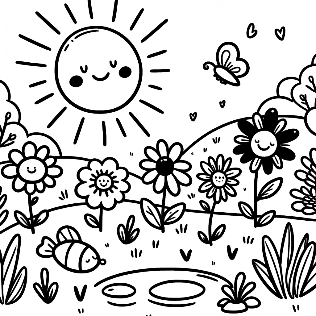 Ausmalbild - Spielzeit im Garten - Sonne, Blumen, Teich, Schmetterling
