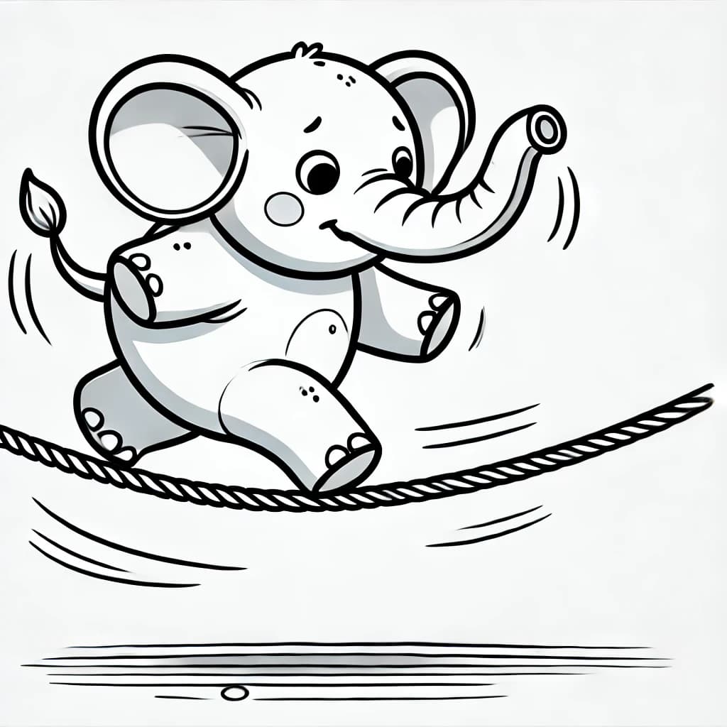 Ausmalbild - Der balancierende Elefant - Elefant, Seiltanz, Zirkus, Balancieren