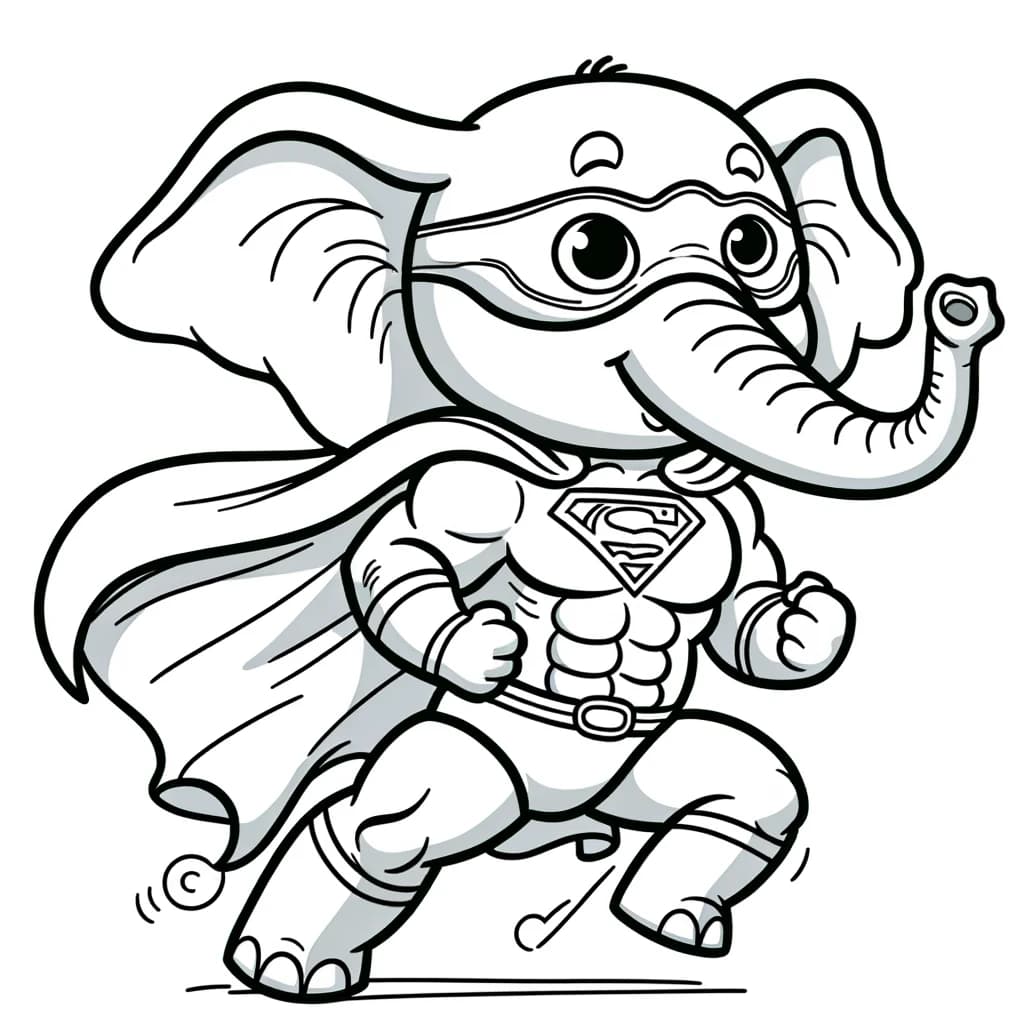 Ausmalbild - Superhelden-Elefant in Aktion - Superheld, Elefant, Umhang, Maske