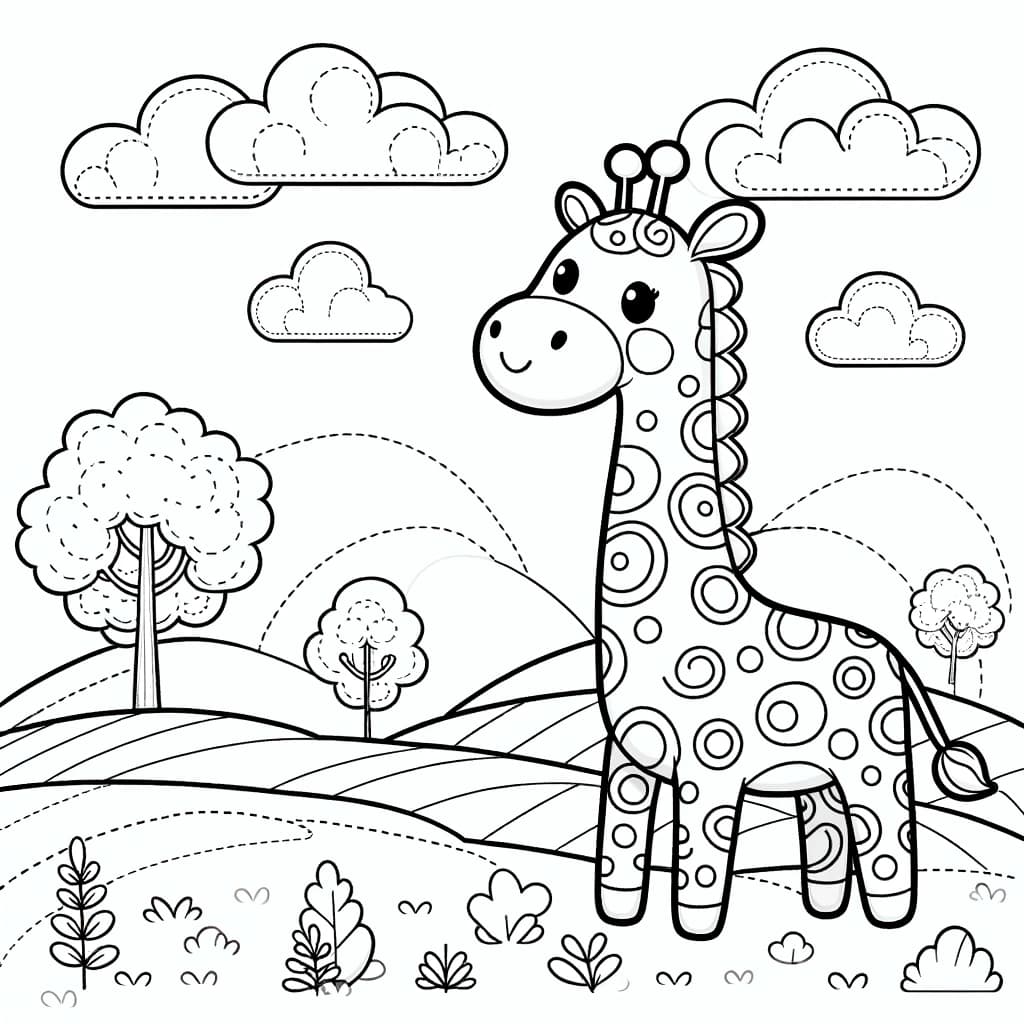 Ausmalbild - Die fröhliche Giraffe - Giraffe, Bäume, Wolken, Landschaft