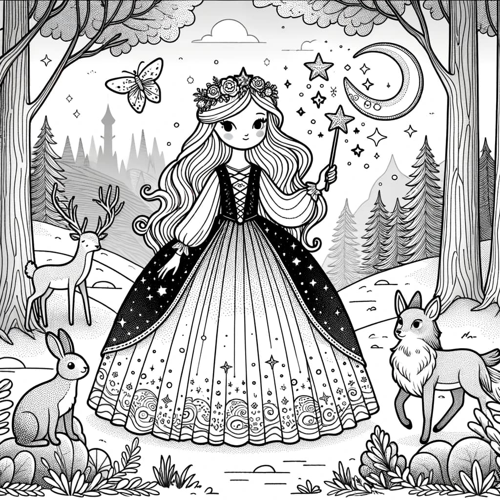 Ausmalbild - Die magische Prinzessin im Zauberwald - magische Prinzessin, Zauberwald, Tiere, Schloss