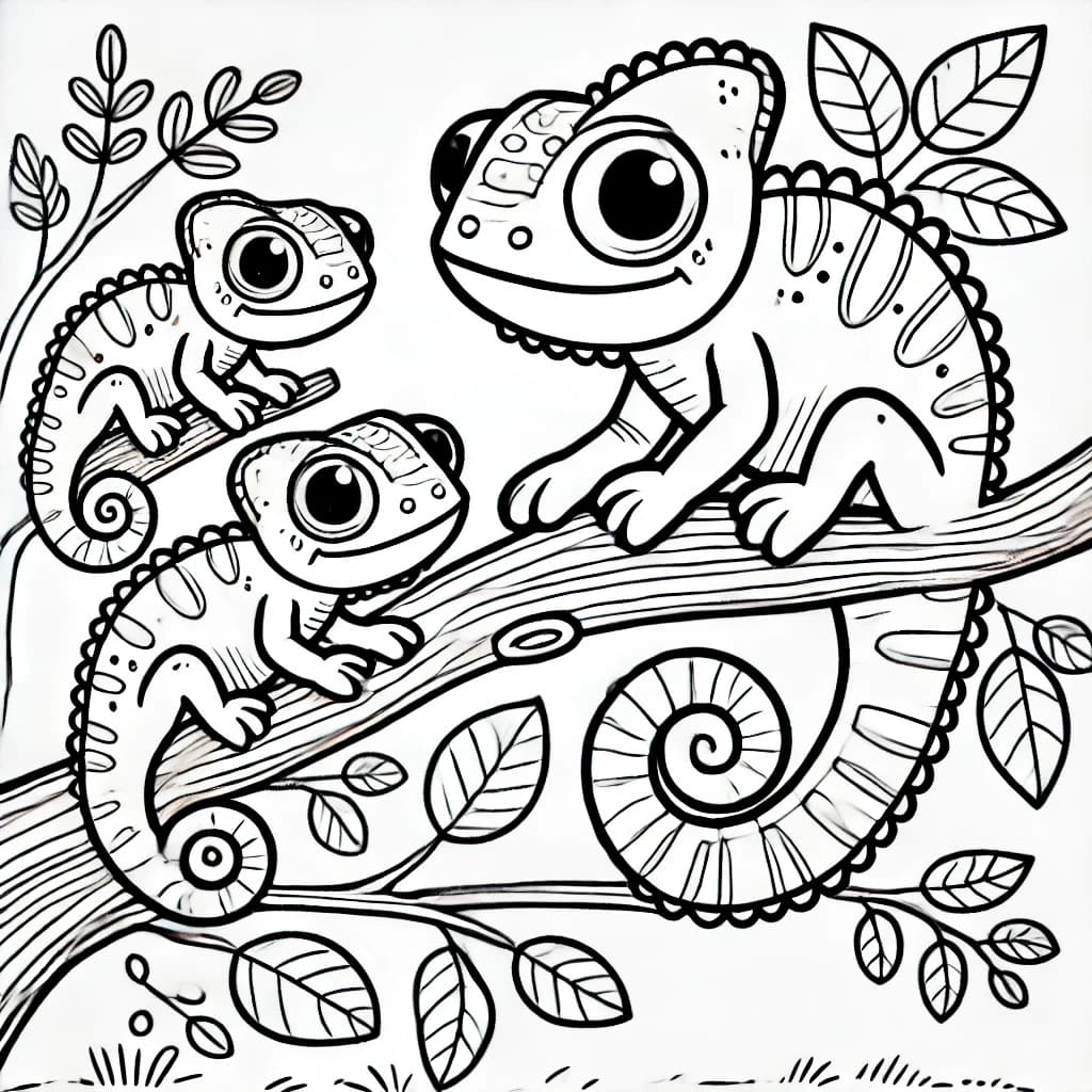 Ausmalbild - Familie Chamäleon - Chamäleon, Familie, Baum, Blätter