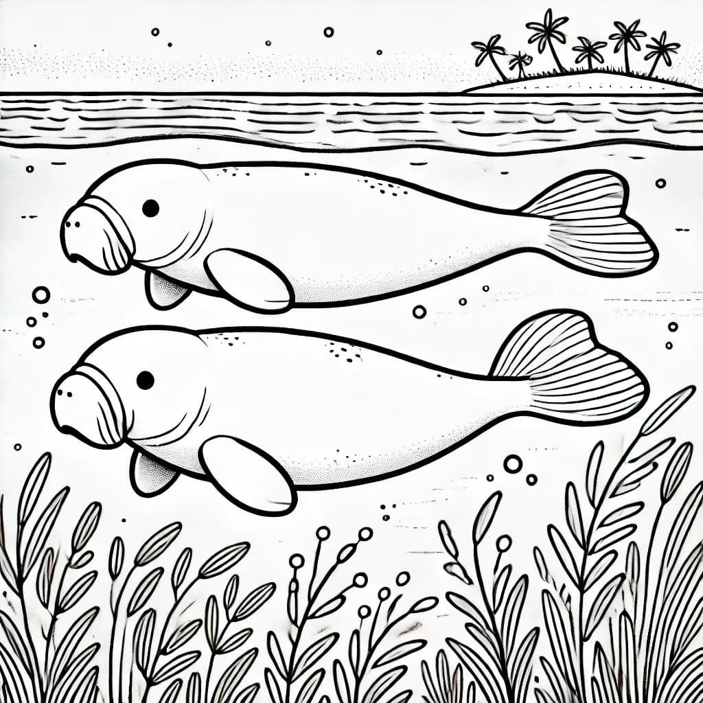 Ausmalbild - Zwei Dugongs im Ozean - Dugong, Meer, Ozean, Wasser