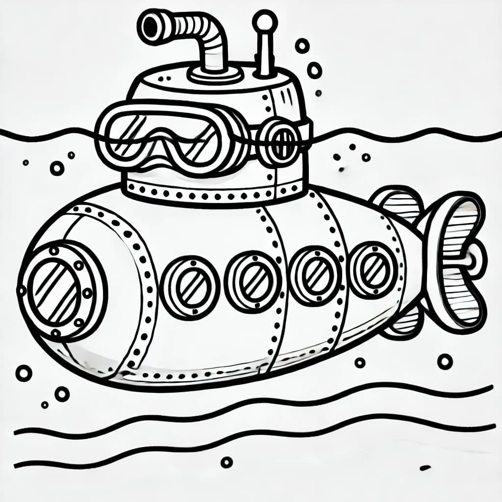 Ausmalbild - U-Boot mit dicker Taucherbrille - U-Boot, Taucherbrille, Unterwasser, Periskop