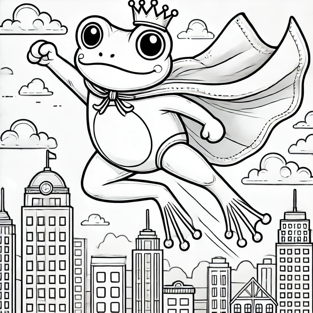 Ausmalbild - Superfrosch springt durch die Stadt - Frosch, Superheld, Krone, Stadt